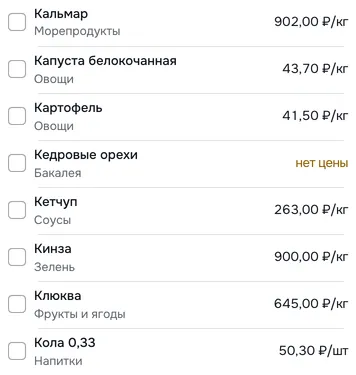 Таблица сырья в разделе «Кухня» на телефоне: 8 карточек от «Кальмар» до «Кола 0,33» с ценой за единицу; у «Кедровые орехи» — «нет цены»